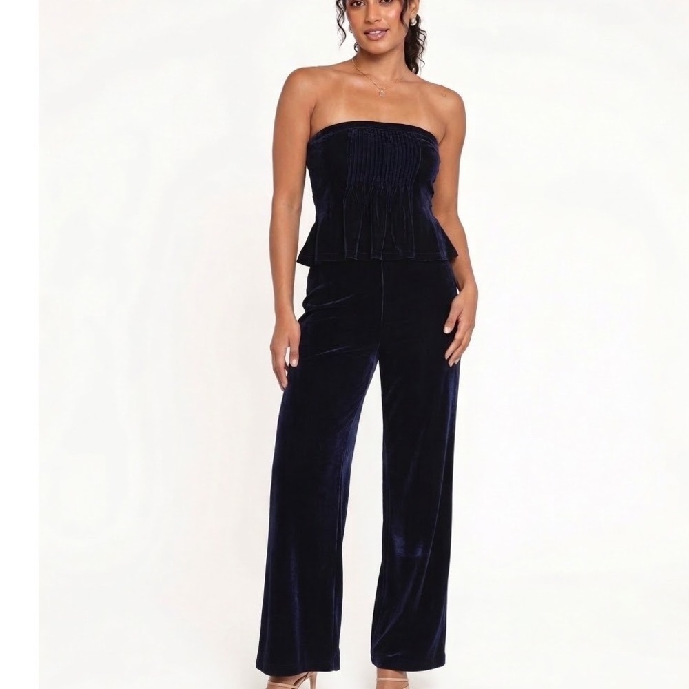 Petal&Pup Sutton Navy Velvet Two Piece Strapless Peplum Top Wide Leg Pants XL